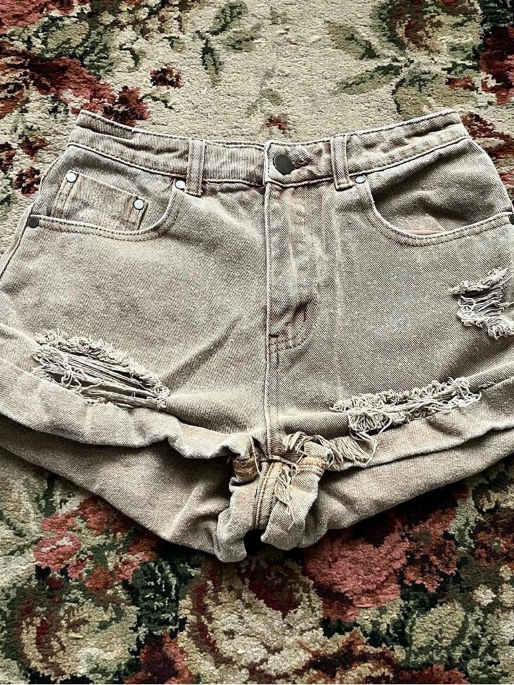 Mustard Seed mocha brown distressed denim high rise shorts